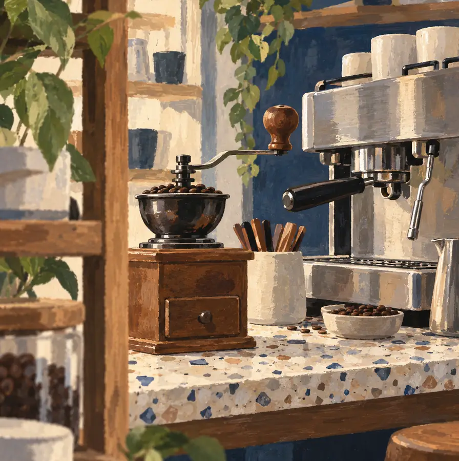 Illustration of cafés equipment and workspace